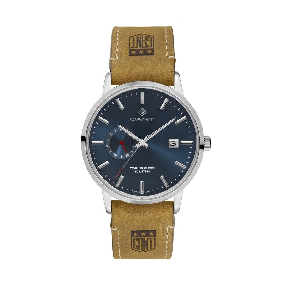 Relógio Fundo Azul e Bracelete Pele