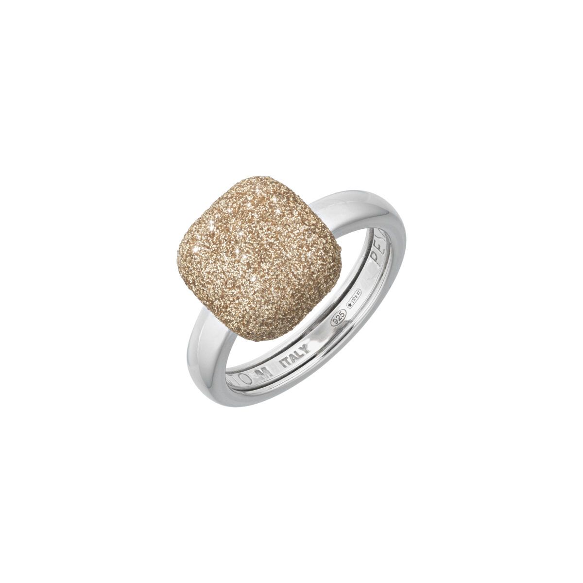 Anel Quadrado Pó Diamante Dourado em Prata