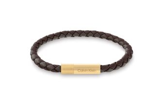 Pulseira Couro Castanho e Aço Dourado