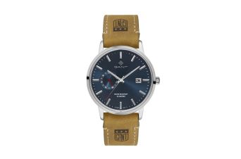 Relógio Fundo Azul e Bracelete Pele